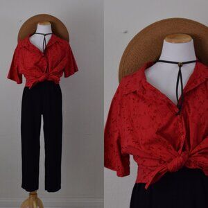 Vintage 90s Cotton Eyelet Faded Red Blouse